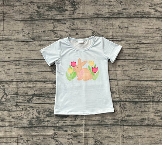 11.10 GT1398 Sample No Moq Baby Girls Blue Short Sleeve Flowers Rabbits Easter T-shirts Top