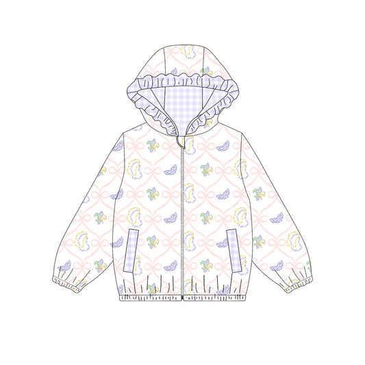 10.30 GT1401 Pre order No Moq Baby Girls Anchors Bows Checked Zipper Pockets Mardigras Ruffle Hoodies Jackets