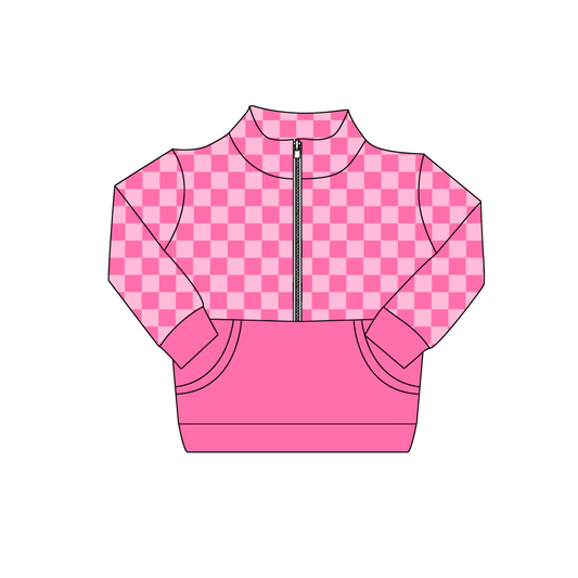 10.31 GT1403 Pre order No Moq Baby Girls Pink Checked Long Sleeve Zipper Pockets Pullovers Top