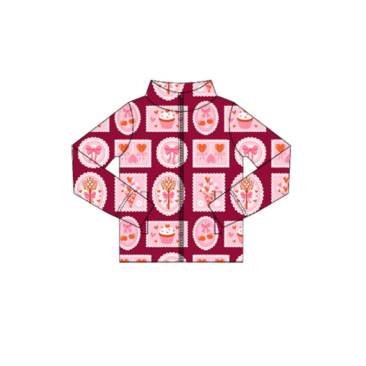 11.4 GT1418 Pre order No Moq Yoga fabric Baby Girls Long Sleeve Hearts Cakes Checked Zipper Pockets Valentine Yoga Jackets Top