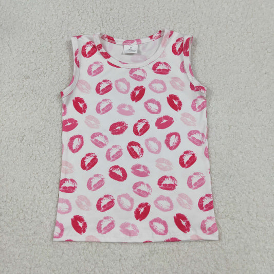 12.23 RTS NO MOQ （In stock）GT1419 Baby Girls Sleeveless Pink Mouths Valentines Vest Tops