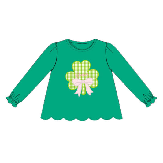 11.7 GT1421 Pre order No Moq Baby Girls Green Long Sleeve Clovers Bows St Patrick Tunic Shirts Top
