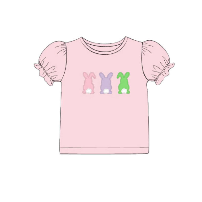 11.7 GT1422 Pre order No Moq Baby Girls Pink Short Ruffle Sleeve Colorful Rabbits Easter T-shirts Top
