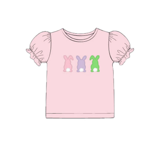 11.7 GT1422 Pre order No Moq Baby Girls Pink Short Ruffle Sleeve Colorful Rabbits Easter T-shirts Top