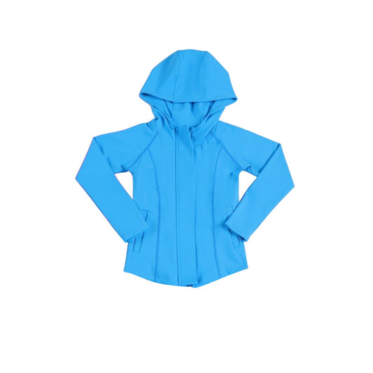11.12 GT1435 Pre order No Moq Yoga fabric Baby Girls Blue Long Sleeve Pockets Zipper Yoga Hoodies Jackets Top
