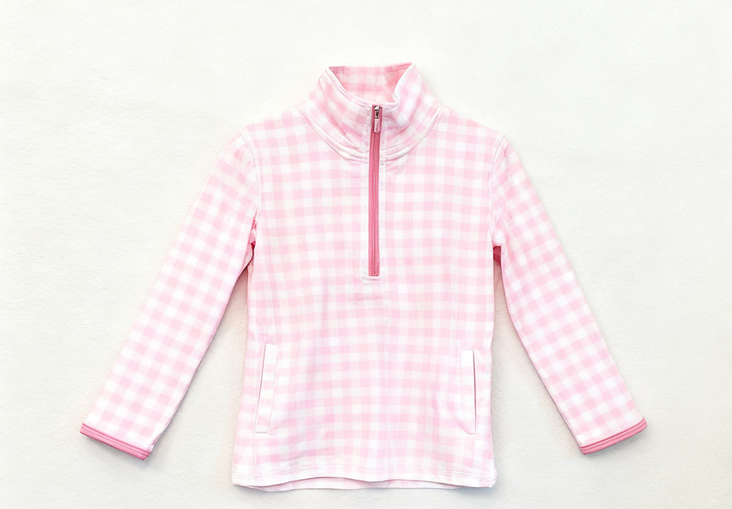 11.18 GT1464 Pre order No Moq Yoga fabric Baby Girls Pink Checked Pockets Zipper Yoga Pullovers Top