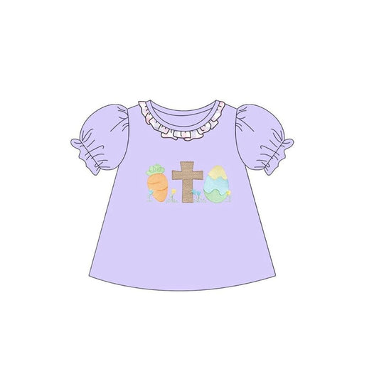 11.21 GT1479 Pre order No Moq Baby Girls Purple Ruffle Sleeve Collar Carrots Eggs Cross Easter T-shirts Top