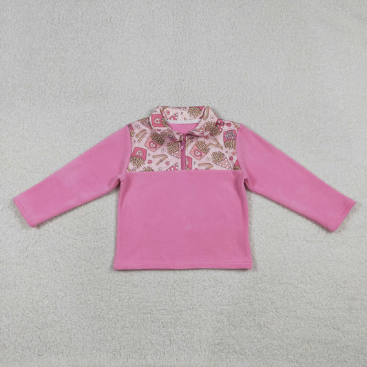 12.23 RTS NO MOQ （In stock）GT1504 Baby Girls Pink Long Sleeve Hearts Chip Valentines Zipper Sweater Top