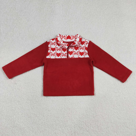 12.23 RTS NO MOQ （In stock）GT1505 Baby Girls Red Long Sleeve Bows Hearts Checked Valentines Zipper Sweater Top