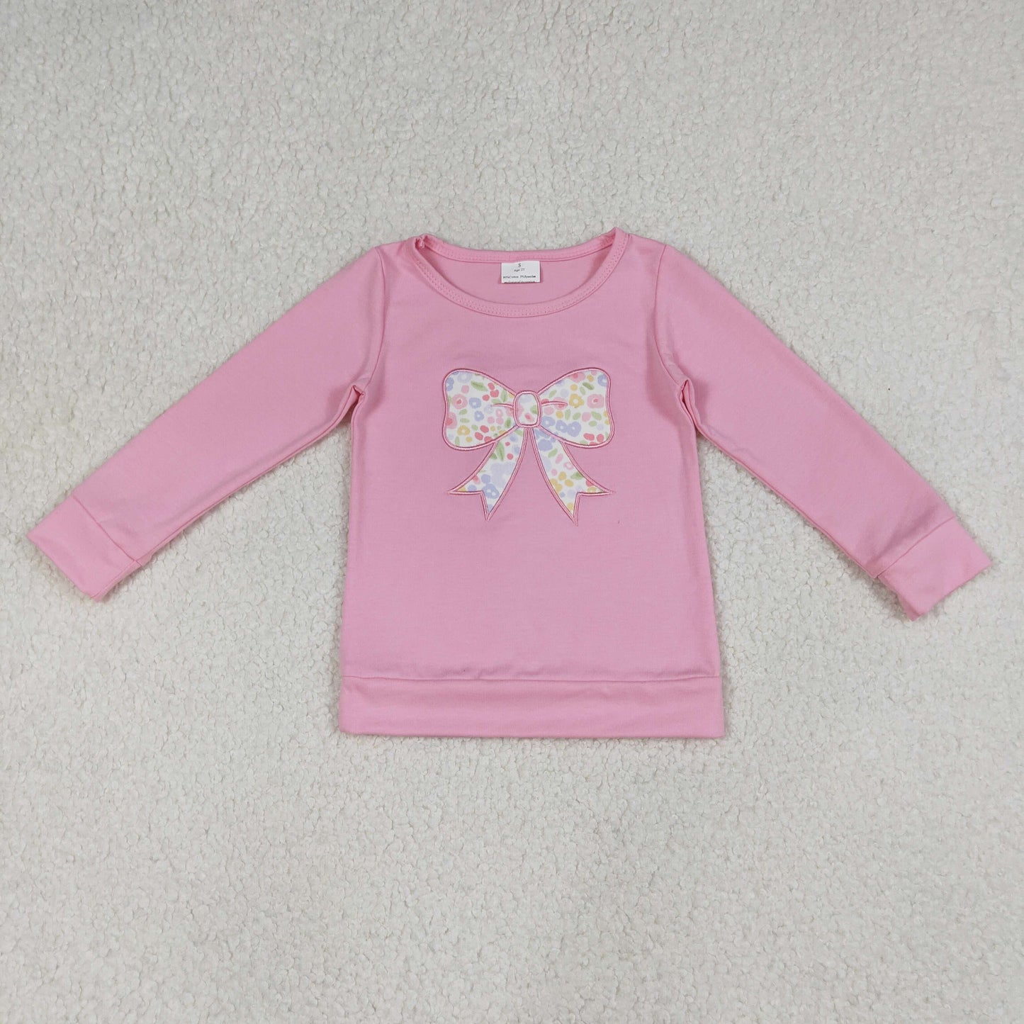 1.14 RTS NO MOQ （In stock）GT1537 Baby Girls Pink Flowers Bows Long Sleeve T-shirts Top