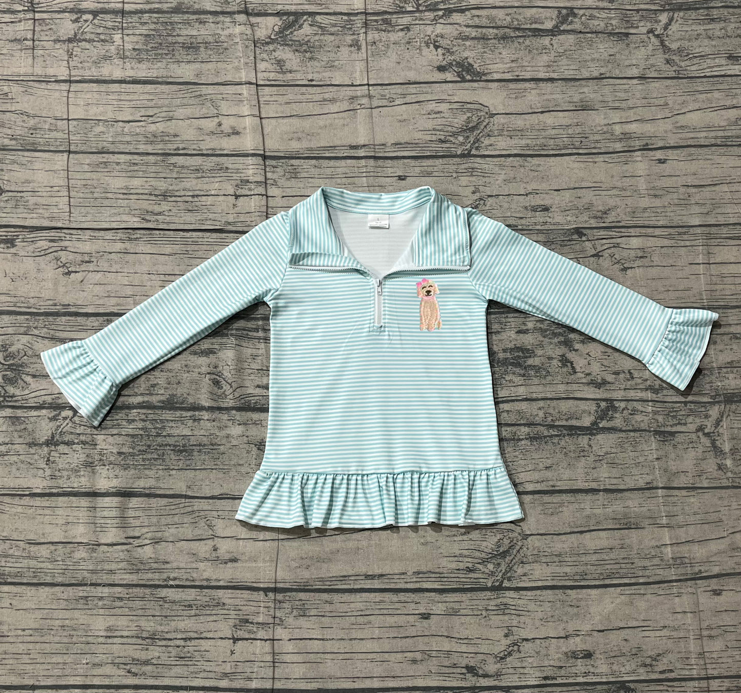 12.26 GT1543 Sample No Moq Embroidery Dogs Baby Girls Stripe Zipper Hunting Pullovers Top