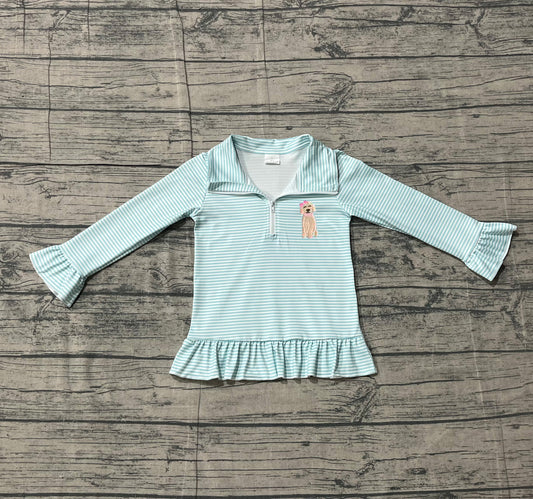 12.26 GT1543 Sample No Moq Embroidery Dogs Baby Girls Stripe Zipper Hunting Pullovers Top