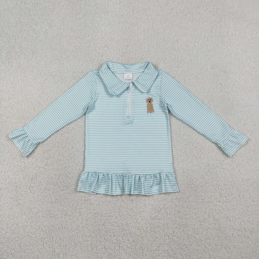 1.21 RTS NO MOQ （In stock）GT1543 Embroidery Bow Dogs Baby Girls Blue Stripe Hunting Zip Ruffle Pullovers Top