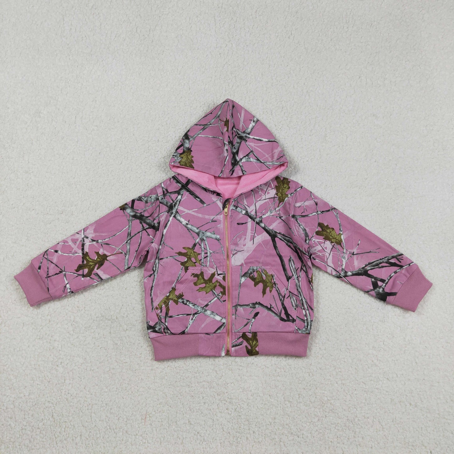 3.16 RST GT1591 Baby Girls Fashion Pink Southern Leaves Camo Zip Pockets Hoodie Jackets Top