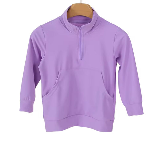 2.7 GT1607 Pre order No Moq Yoga fabric Baby Girls Purple Long Sleeve Zipper Pockets Yoga Active Pullovers Top