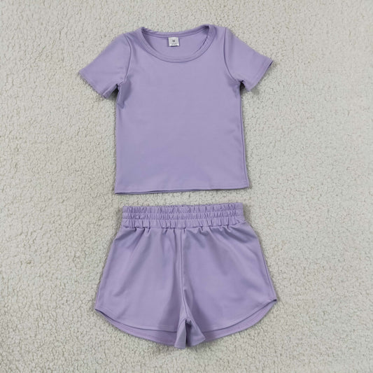 GSSO3759 （GT1628+SS0895）RTS NO MOQ （In stock）Short sleeves lavender top shorts kids girls yoga active set