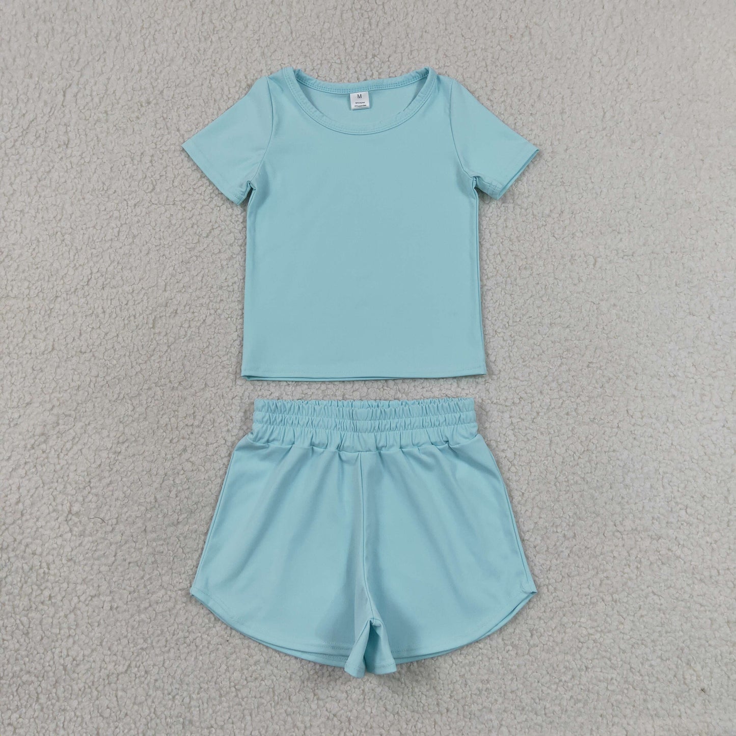 GSSO3762（GT1631+SS089）RTS NO MOQ （In stock） Short sleeves light blue top shorts kids girls yoga active set