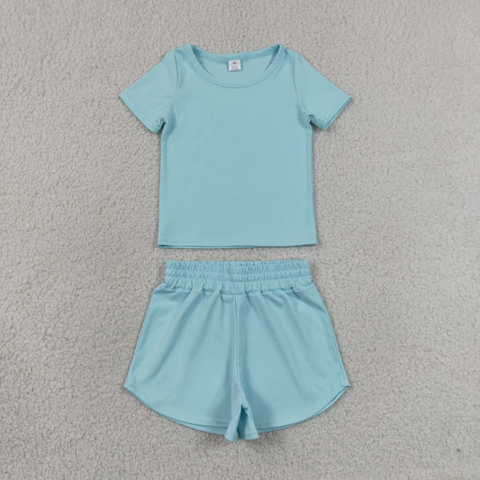 GSSO3762（GT1631+SS089）RTS NO MOQ （In stock） Short sleeves light blue top shorts kids girls yoga active set