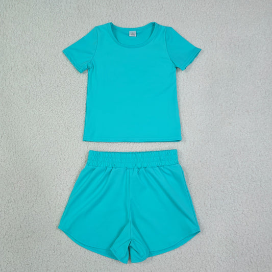 GSSO3771 （GT1640+SS0907） RTS NO MOQ （In stock）Short sleeves mint top shorts kids girls yoga active set