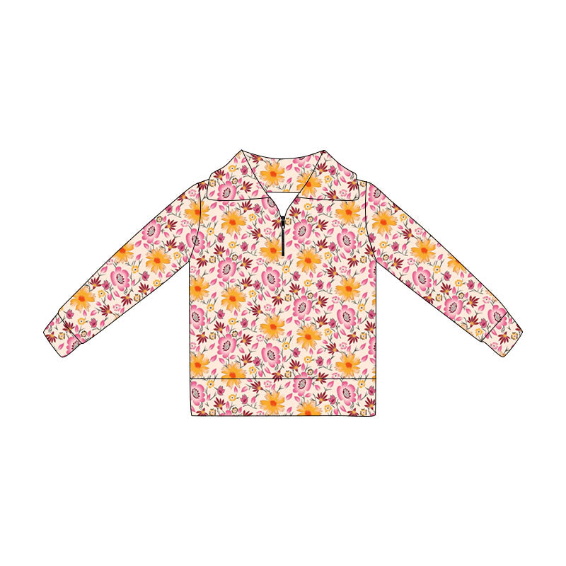 4.21 Pre order No Moq Baby Girls Long Sleeve Colorful Flowers Zipper Pullovers Top