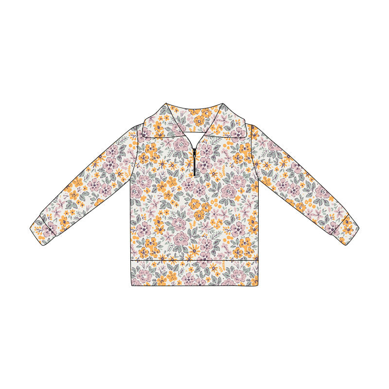 4.21 Pre order No Moq Baby Girls Long Sleeve Colorful Flowers Zipper Pullovers Top