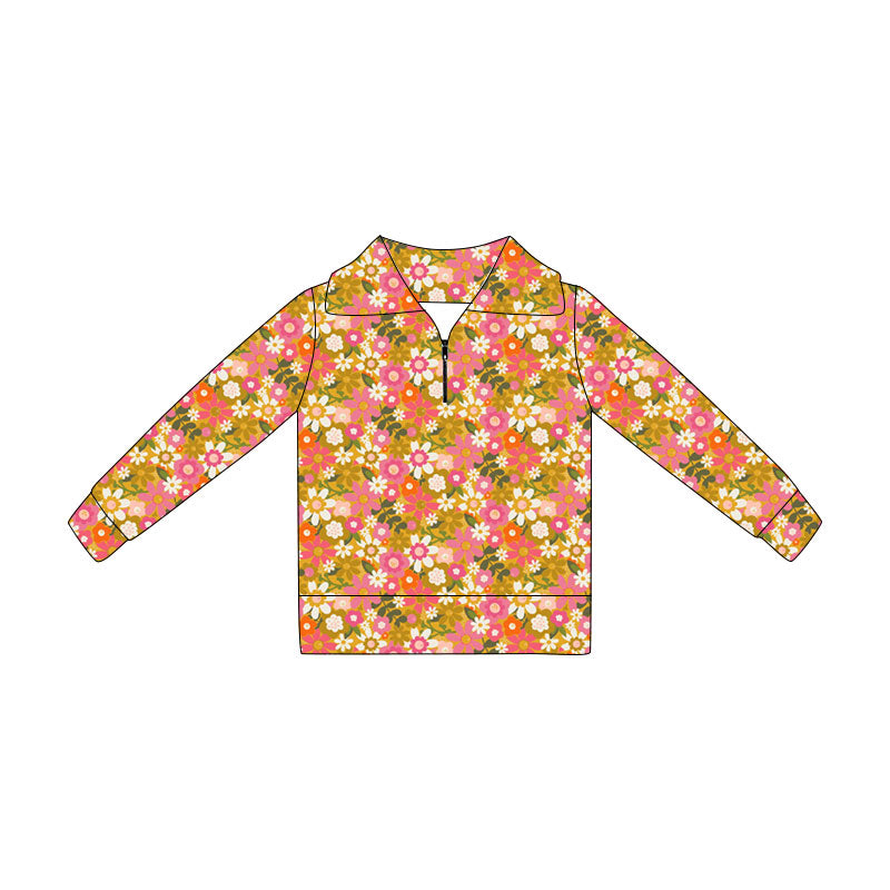 4.21 Pre order No Moq Baby Girls Long Sleeve Colorful Flowers Zipper Pullovers Top