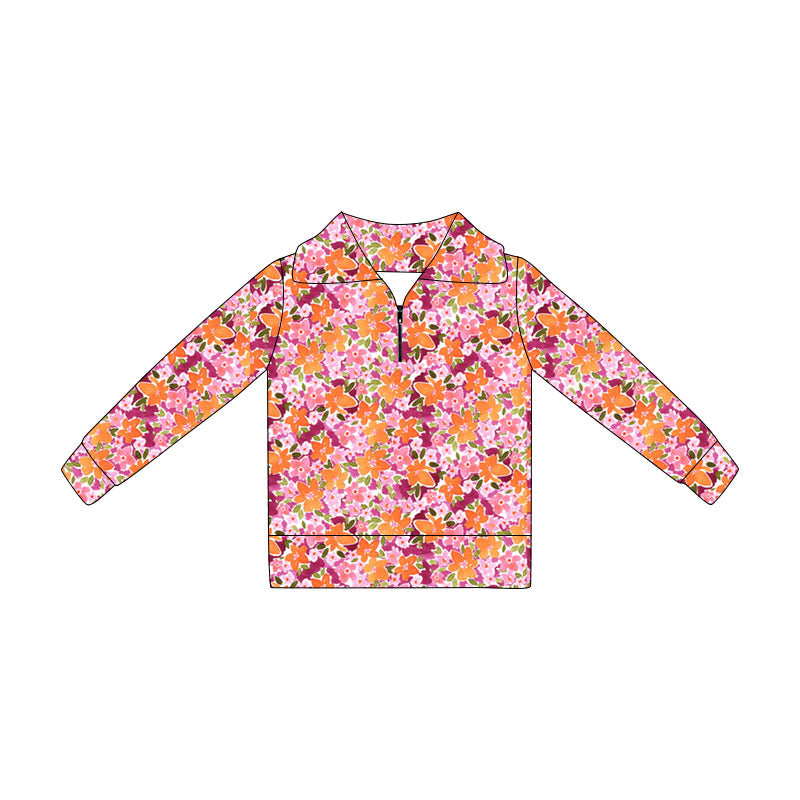 4.21 Pre order No Moq Baby Girls Long Sleeve Colorful Flowers Zipper Pullovers Top