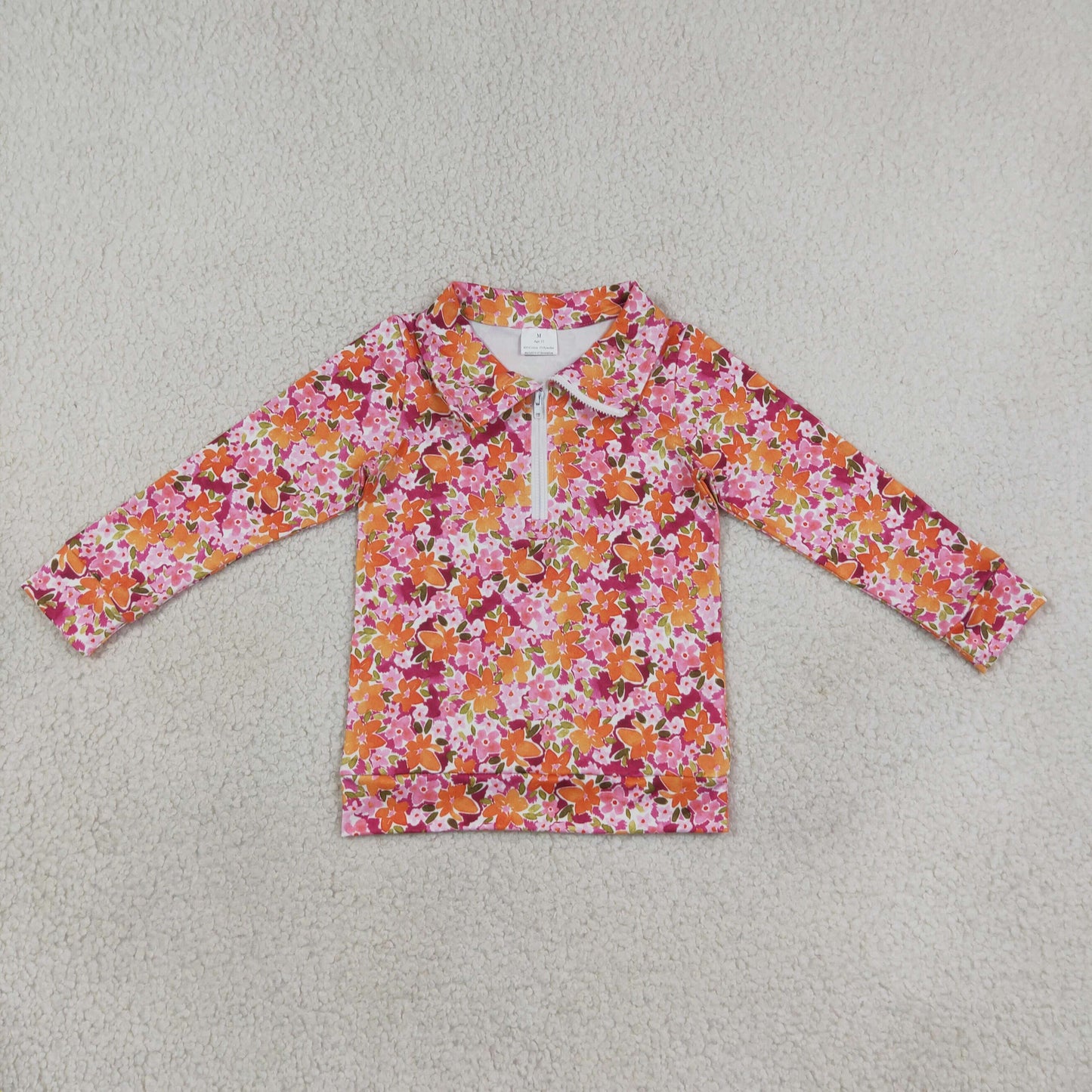 GT1652 RTS NO MOQ （In stock）milk silk Baby Girls Colorful Floral Print Long Sleeve Quarter Zip Pullover Top