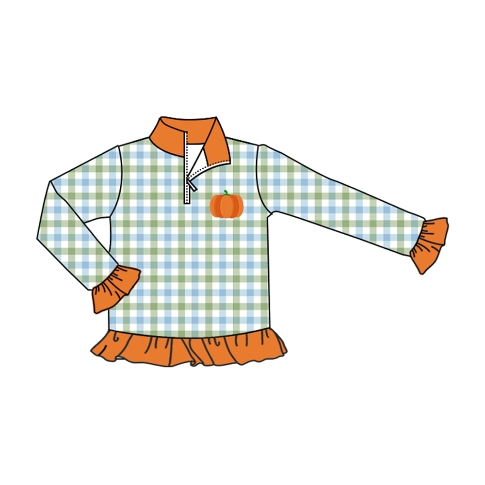 4.21 Pre order No Moq Baby Baby Girls and boys Long Ruffle Sleeve Green Checked Pumpkin Fall Zipper Pullovers Top