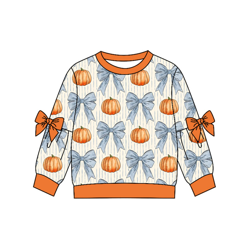 4.22 Pre order No Moq Baby Girls Casual Long Sleeve Pumpkin Print Top with Bow