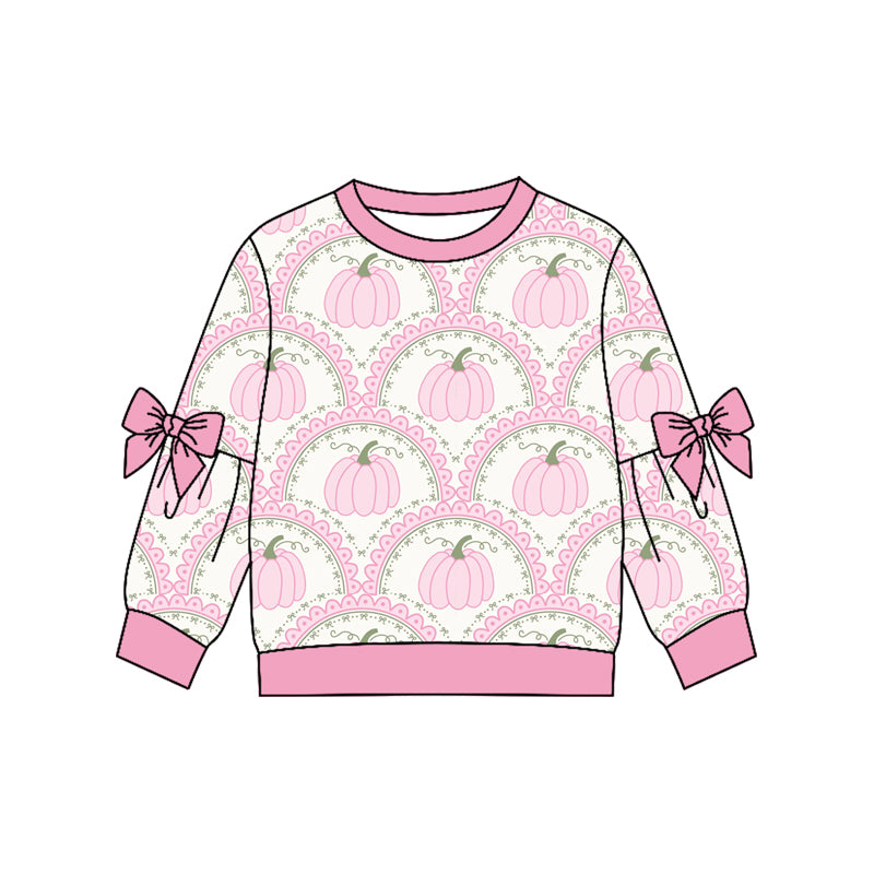4.22 Pre order No Moq Baby Girls Casual Long Sleeve Pumpkin Print Top with Bow