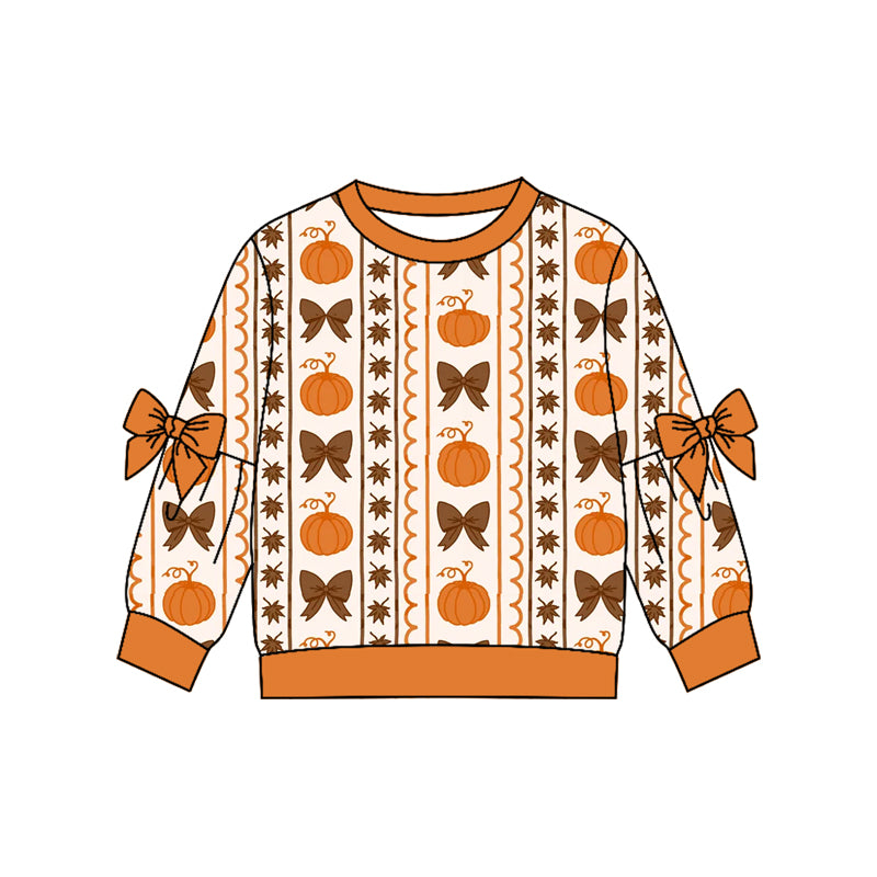 4.22 Pre order No Moq Baby Girls Casual Long Sleeve Pumpkin Print Top with Bow