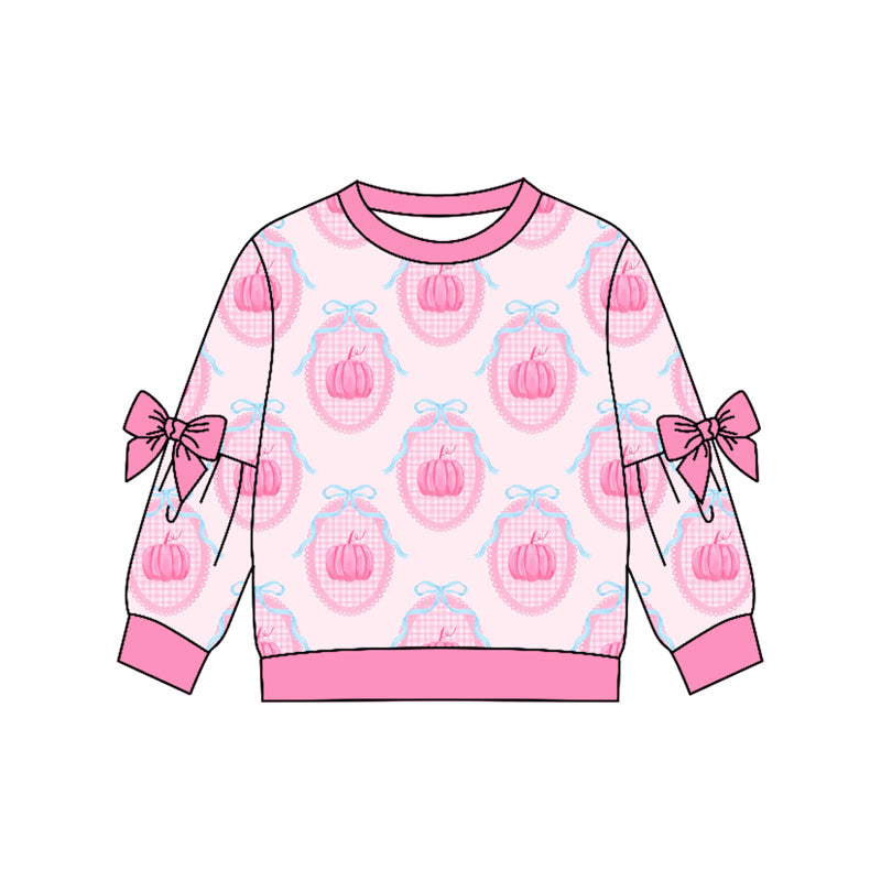 4.22 Pre order No Moq Baby Girls Casual Long Sleeve Pumpkin Print Top with Bow