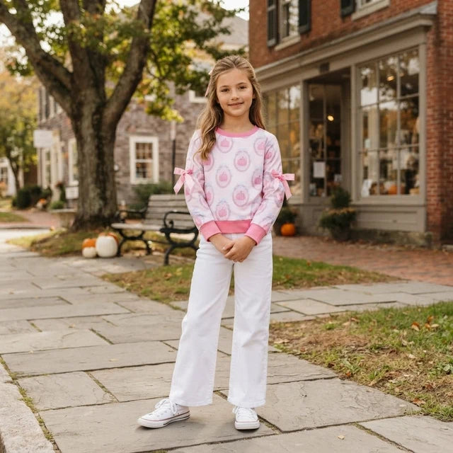 RTS NO MOQ （In stock）milk silk GT1657 Baby Girls Long Sleeve Pink Bows Pumpkins Checked Print Fall Casual T‑shirt Top