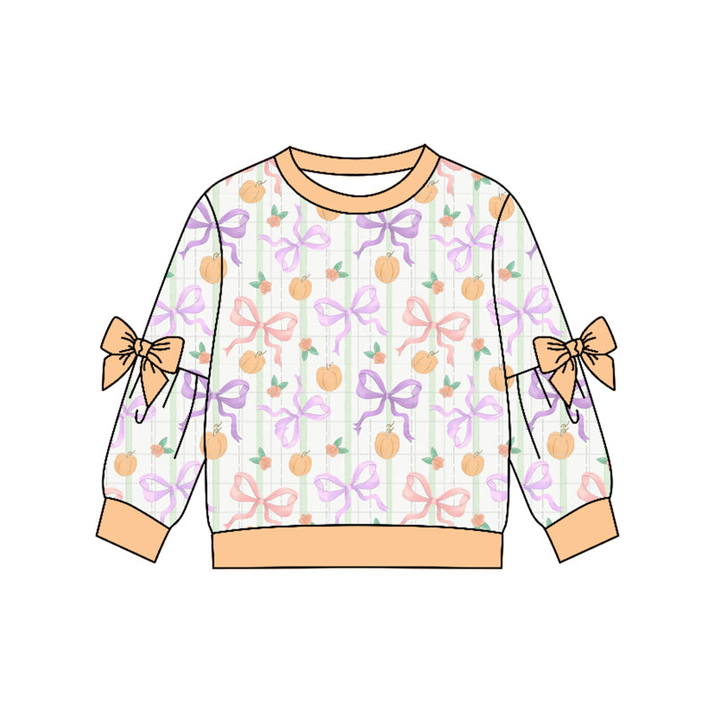 4.22 Pre order No Moq Baby Girls Casual Long Sleeve Pumpkin Print Top with Bow