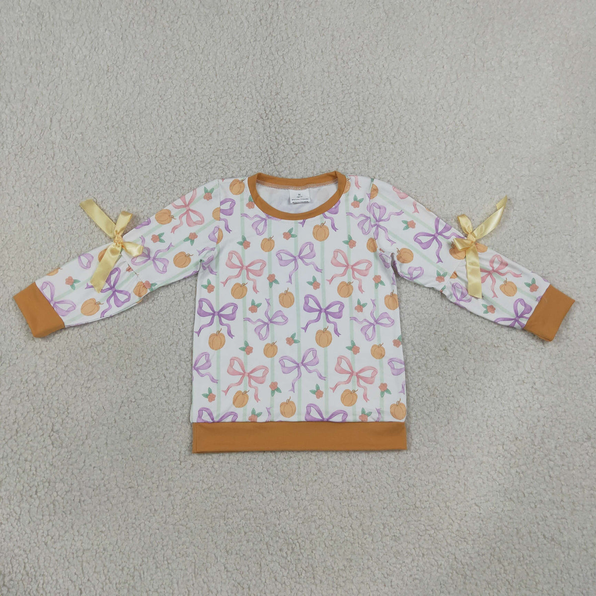 RTS NO MOQ （In stock）GT1658 milk silk Baby Girls Fall Checked Bows Pumpkins Long Sleeve T Shirt Top