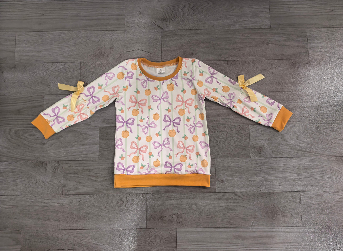 GT1658 Sample No Moq milk silk Baby Girls Fall Checked Bows Pumpkins Long Sleeve T Shirt Top