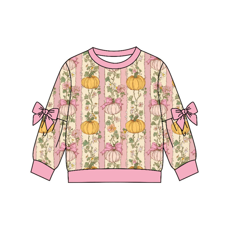 4.22 Pre order No Moq Baby Girls Casual Long Sleeve Pumpkin Print Top with Bow