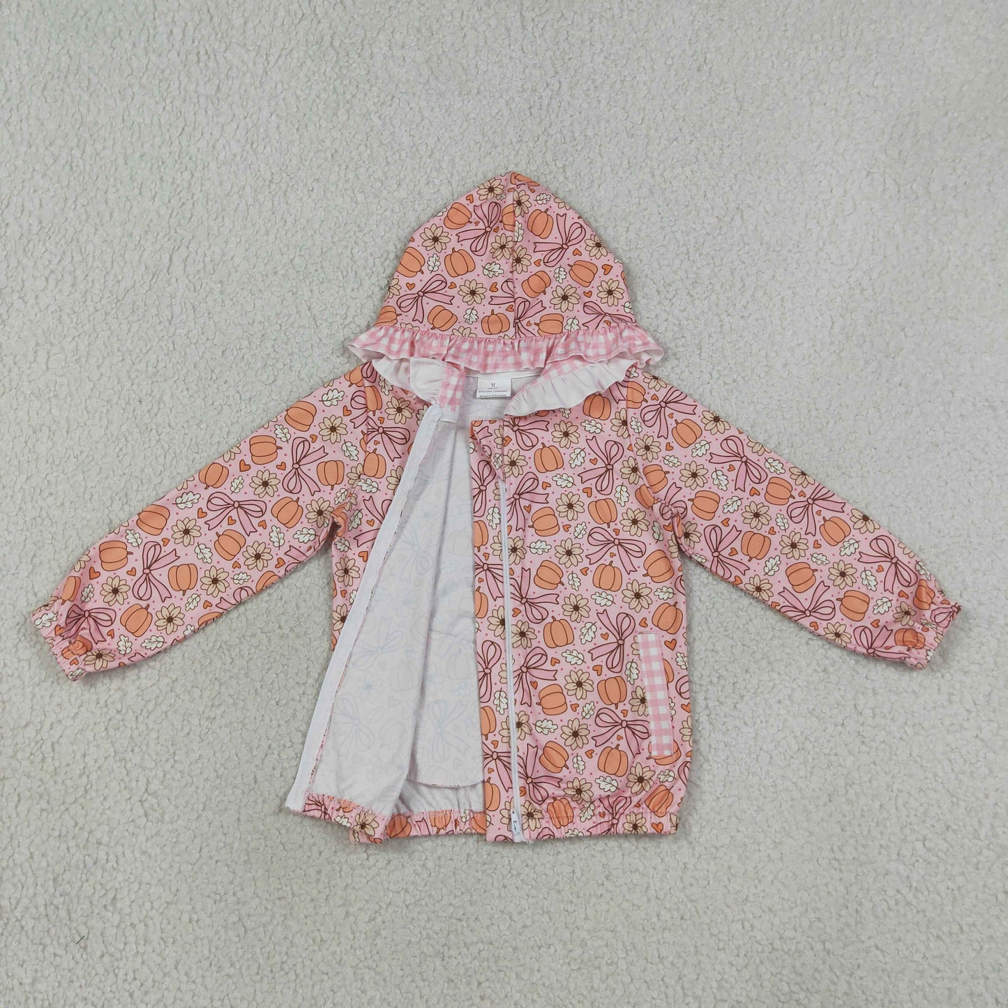 GT1661 RTS NO MOQ （In stock）Floral pumpkin bow ruffle girls fall hooded jacket