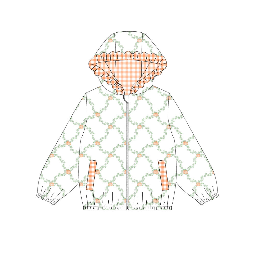 4.22 Pre order No Moq Baby Girls Fashion Pumpkin Printed Hooded Zip Up Long Sleeve Jacket