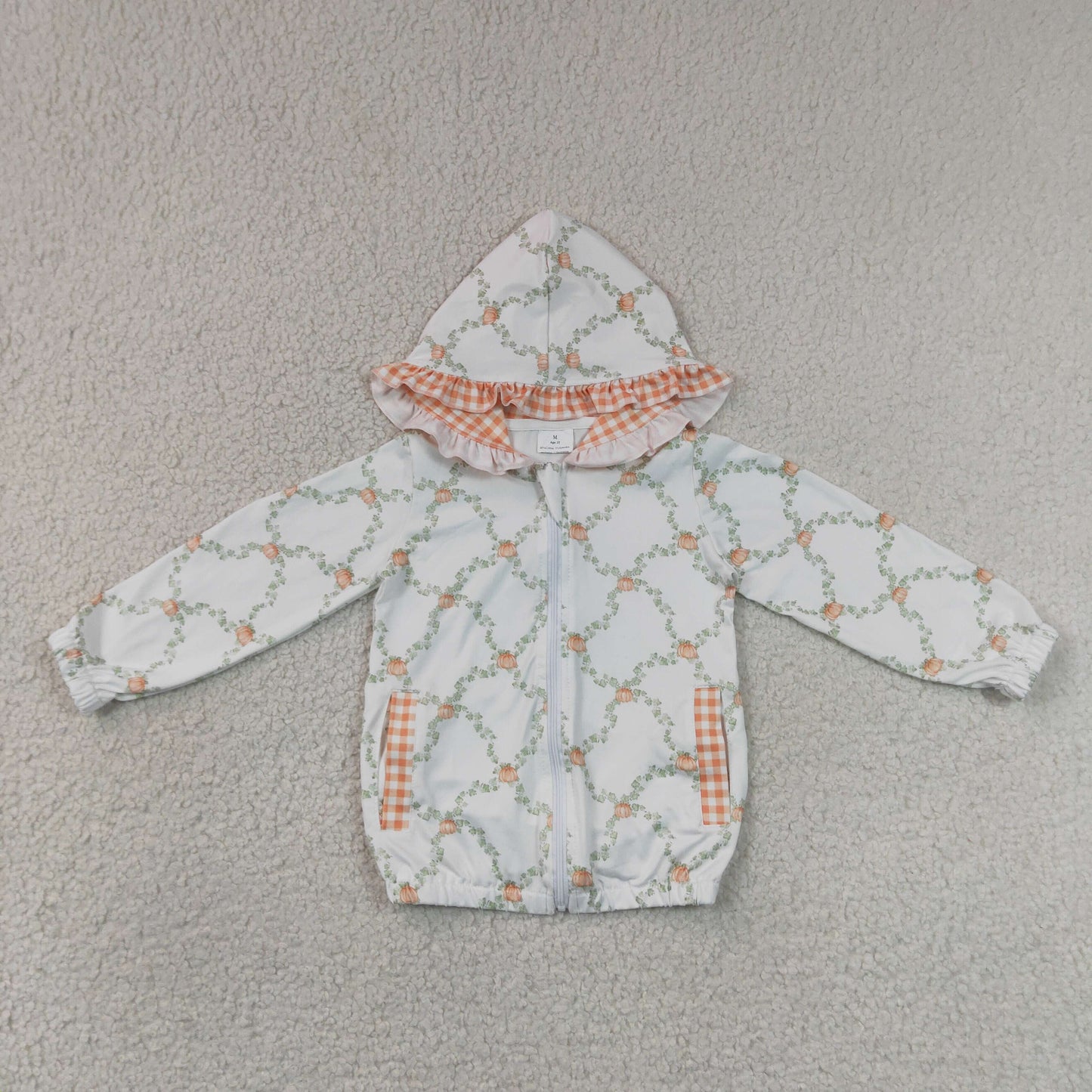 RTS Sibling Pumpkin plaid pocket ruffle zipper girls fall hooded jacket