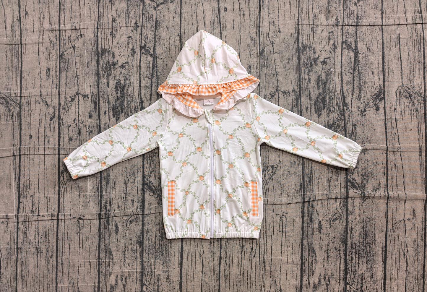 6.10 GT1662 Sample No Moq Baby Girls Checked Floral Pumpkin Long Sleeve Zip Hoodie With Pockets Fall Top