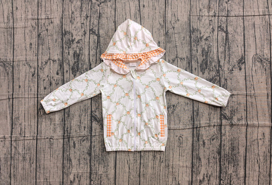 6.10 GT1662 Sample No Moq Baby Girls Checked Floral Pumpkin Long Sleeve Zip Hoodie With Pockets Fall Top
