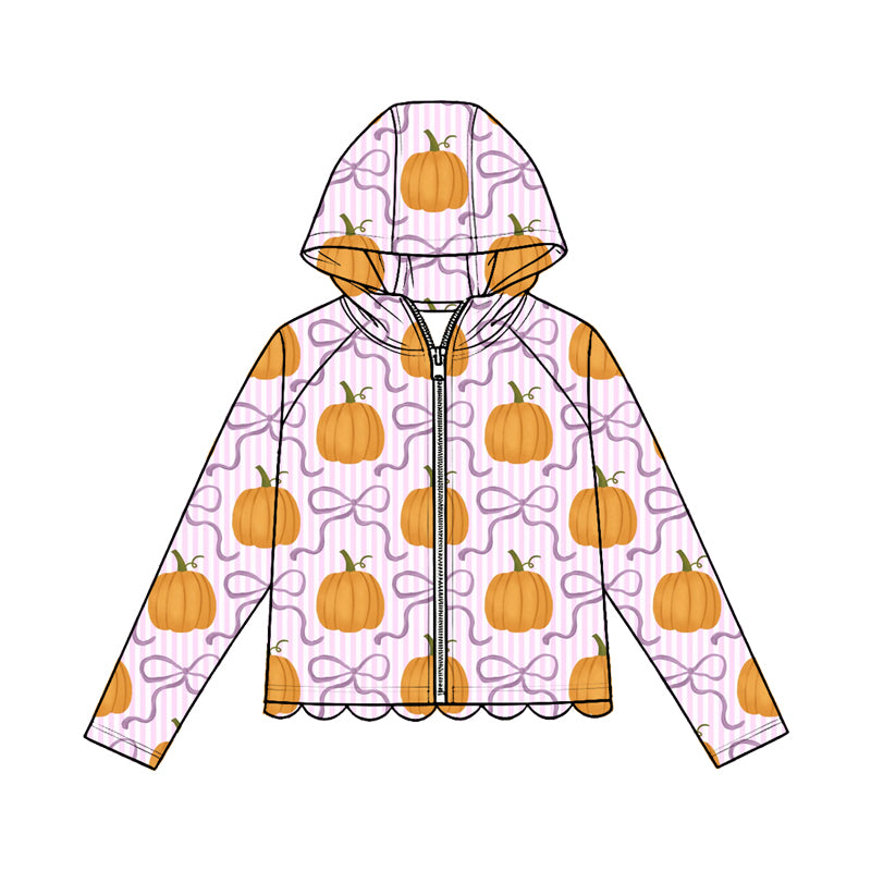 4.23 Pre order No Moq Baby Girls Sweet Long Sleeve Pumpkin Print Bow Zip Scallop Hoodie