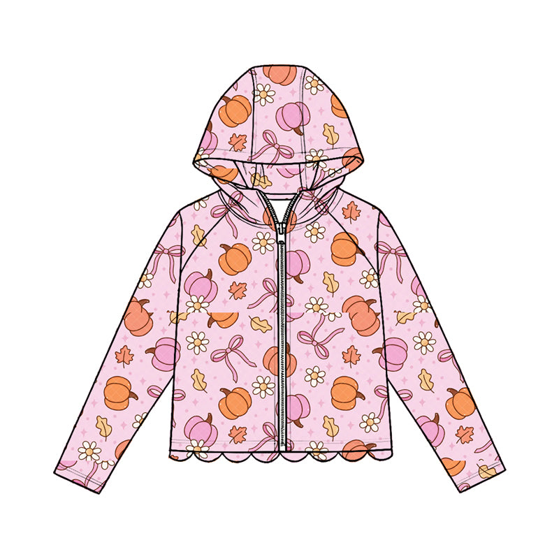 4.23 Pre order No Moq Baby Girls Sweet Long Sleeve Pumpkin Print Bow Zip Scallop Hoodie