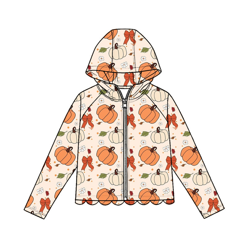 4.23 Pre order No Moq Baby Girls Sweet Long Sleeve Pumpkin Print Bow Zip Scallop Hoodie