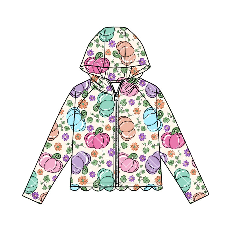 4.23 Pre order No Moq Baby Girls Sweet Long Sleeve Pumpkin Print Bow Zip Scallop Hoodie