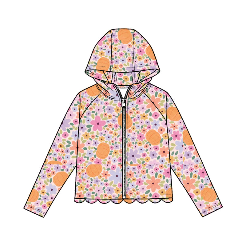 4.23 Pre order No Moq Baby Girls Sweet Long Sleeve Pumpkin Print Bow Zip Scallop Hoodie