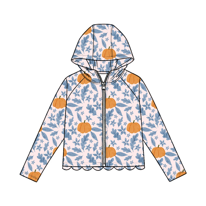 4.23 Pre order No Moq Baby Girls Sweet Long Sleeve Pumpkin Print Bow Zip Scallop Hoodie