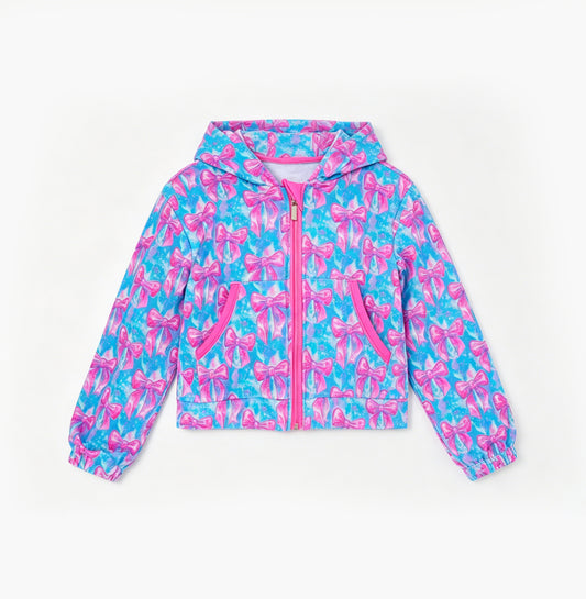 4.25 GT1674 Pre order No Moq Baby Girls Colorful Tie-dye Print Bows Yoga Active Zip Pockets Hoodies Top